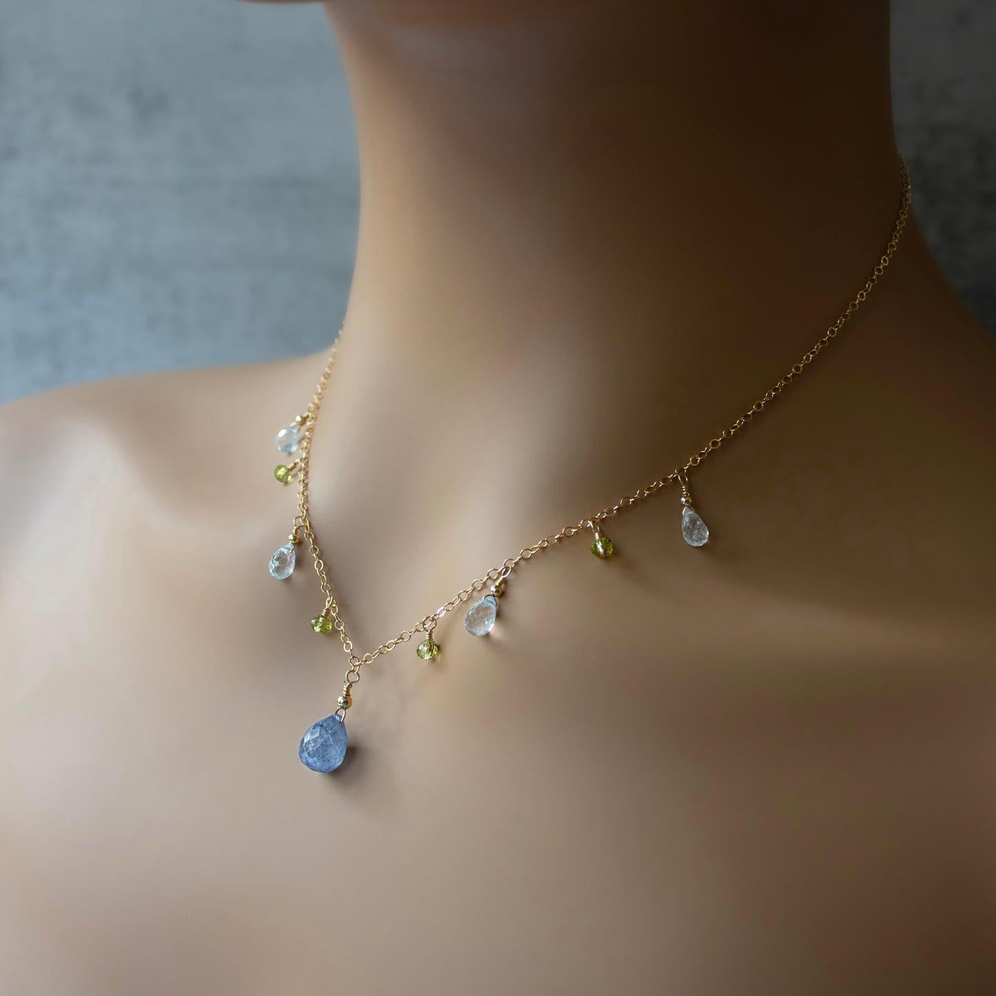 Blue Sapphire, Aquamarine and Peridot Charm Necklace