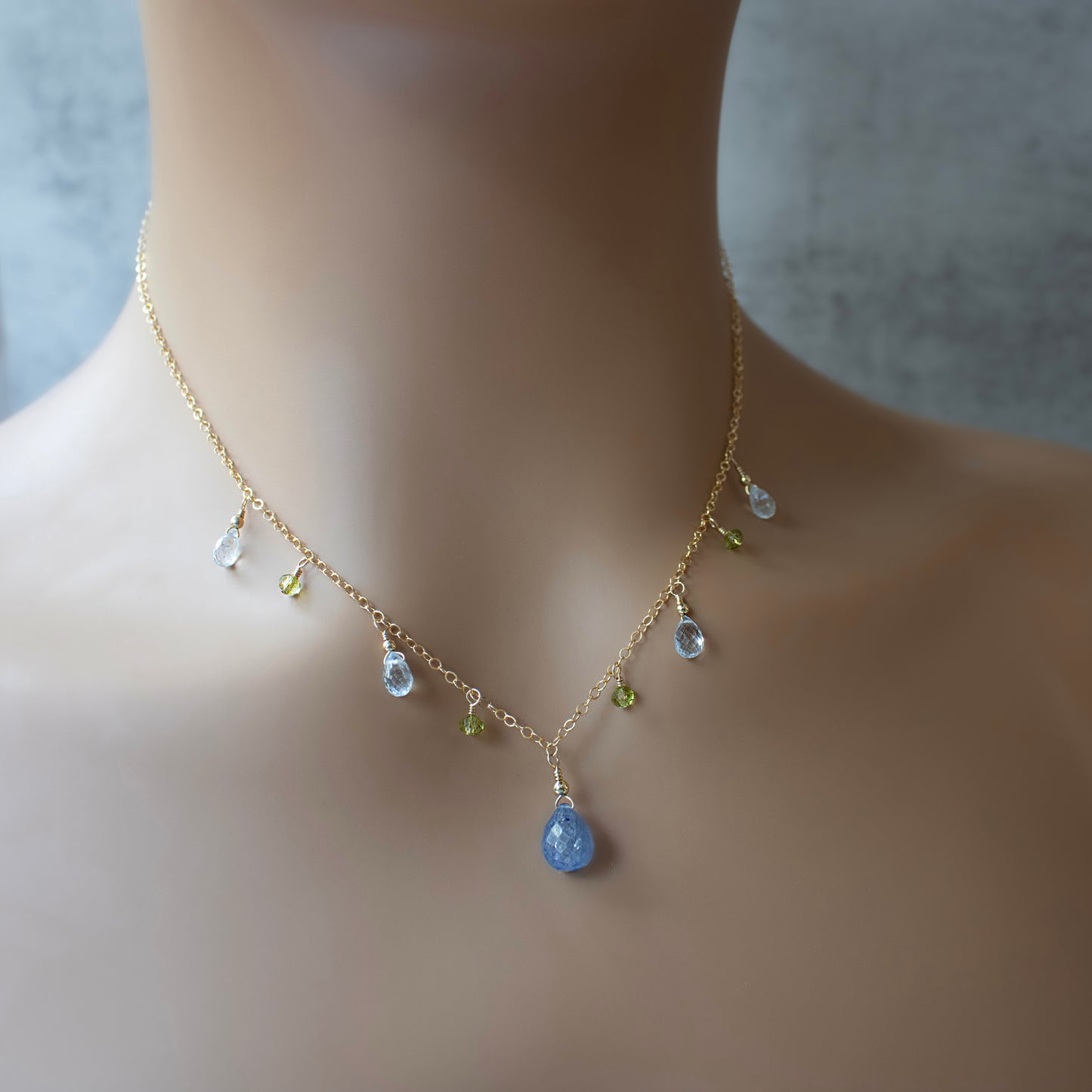 Blue Sapphire, Aquamarine and Peridot Charm Necklace