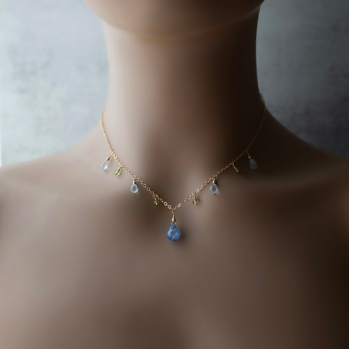 Blue Sapphire, Aquamarine and Peridot Charm Necklace