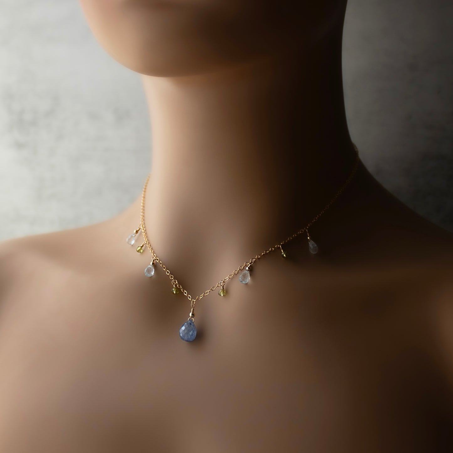 Blue Sapphire, Aquamarine and Peridot Charm Necklace