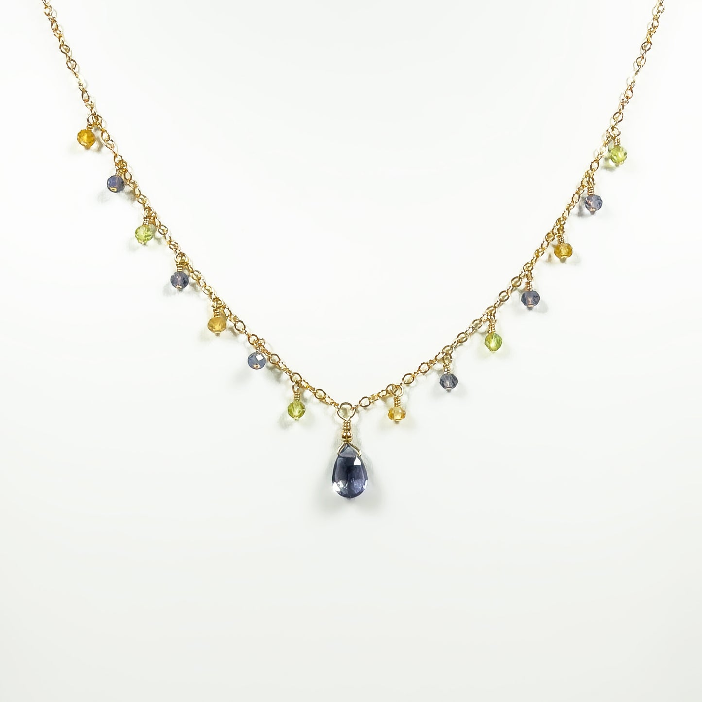 Iolite Pear Shape Briolette Necklace with Citrine and Peridot Dewdrops