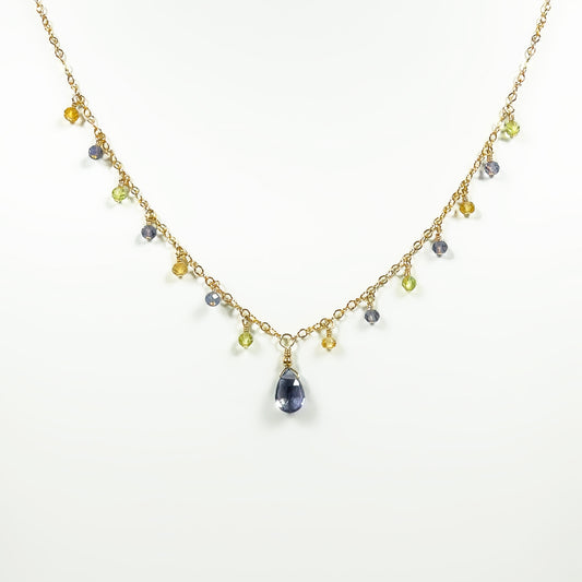 Iolite Pear Shape Briolette Necklace with Citrine and Peridot Dewdrops