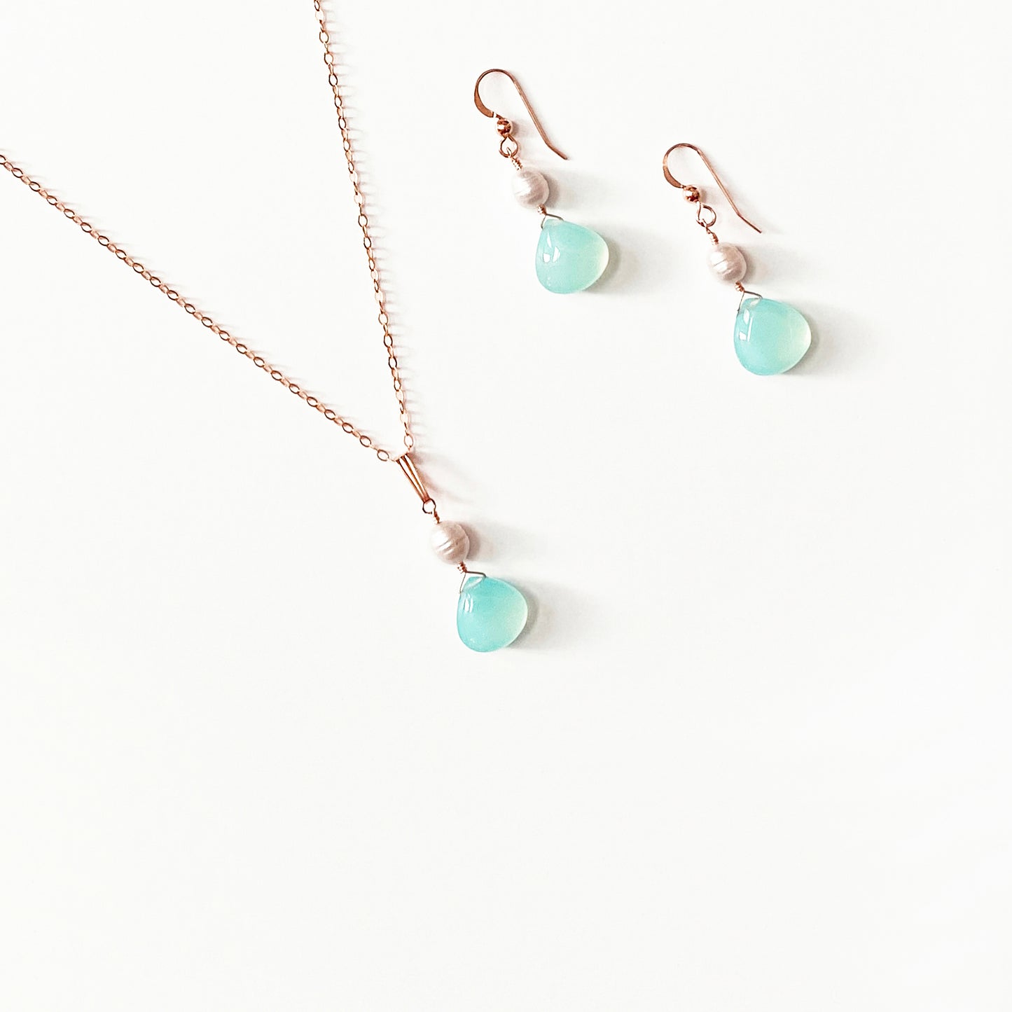 Pale Aqua Chalcedony and Freshwater Pearl Necklace and Earrings Set