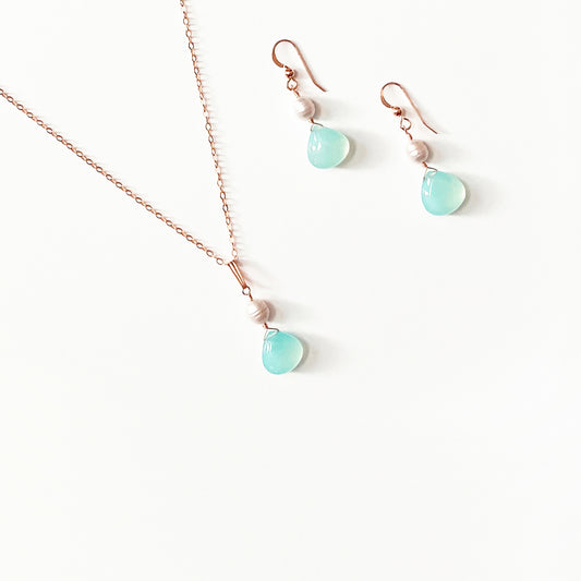 Pale Aqua Chalcedony and Freshwater Pearl Necklace and Earrings Set