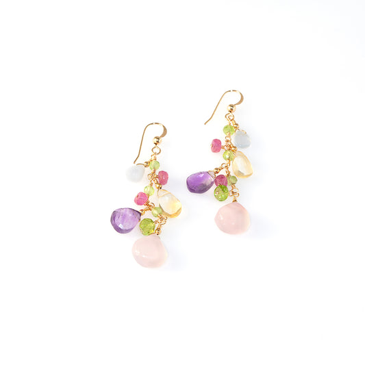 Colorful Drop Earrings with Pink Chalcedony, Amethyst, Citrine, White Chalcedony, Ruby and Peridot