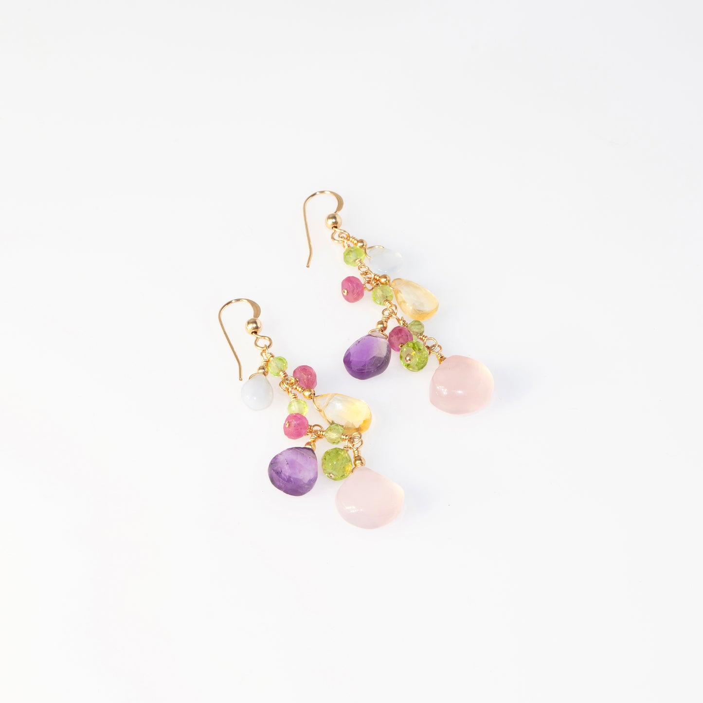 Colorful Drop Earrings with Pink Chalcedony, Amethyst, Citrine, White Chalcedony, Ruby and Peridot