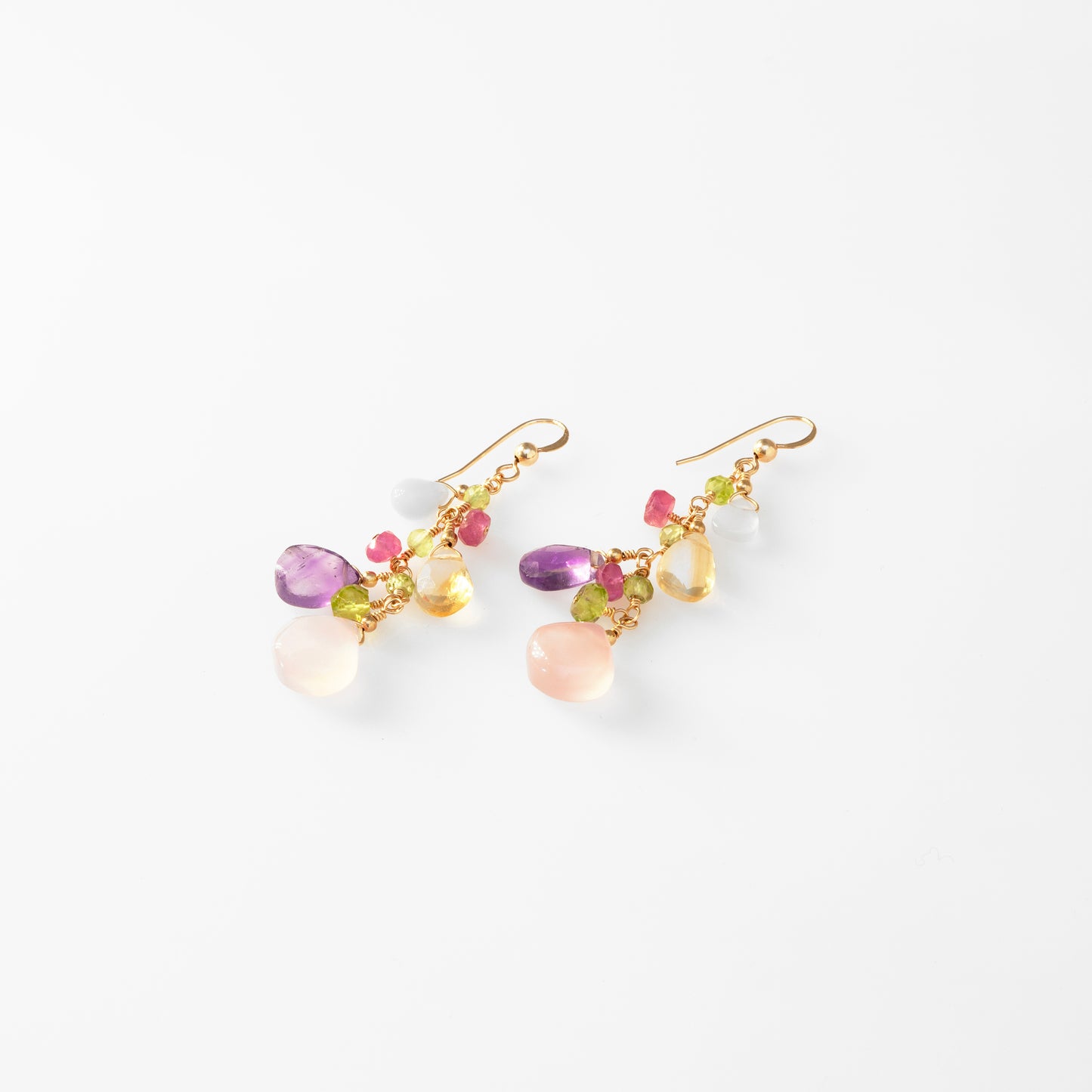 Colorful Drop Earrings with Pink Chalcedony, Amethyst, Citrine, White Chalcedony, Ruby and Peridot