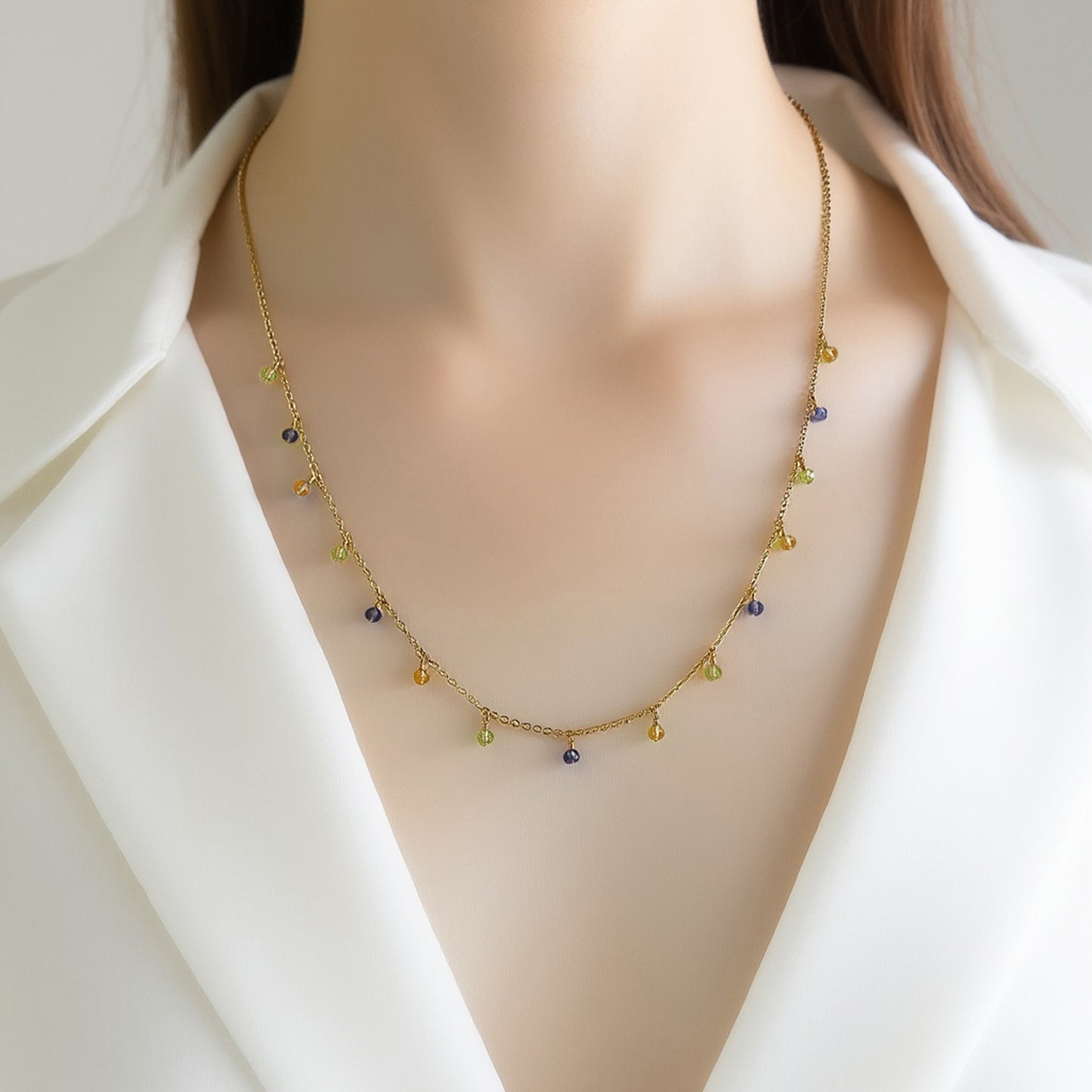 Dainty Peridot, Iolite, and Yellow Tourmaline Charm Necklace