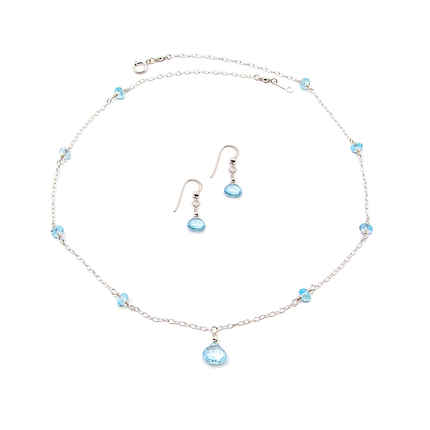 Swiss Blue Topaz Station Necklace with Teardrop Pendant and Teardrop Earrings