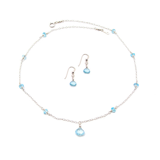 Swiss Blue Topaz Station Necklace with Teardrop Pendant and Teardrop Earrings