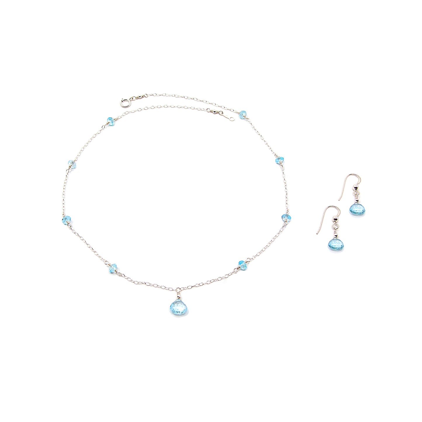 Swiss Blue Topaz Station Necklace with Teardrop Pendant and Teardrop Earrings