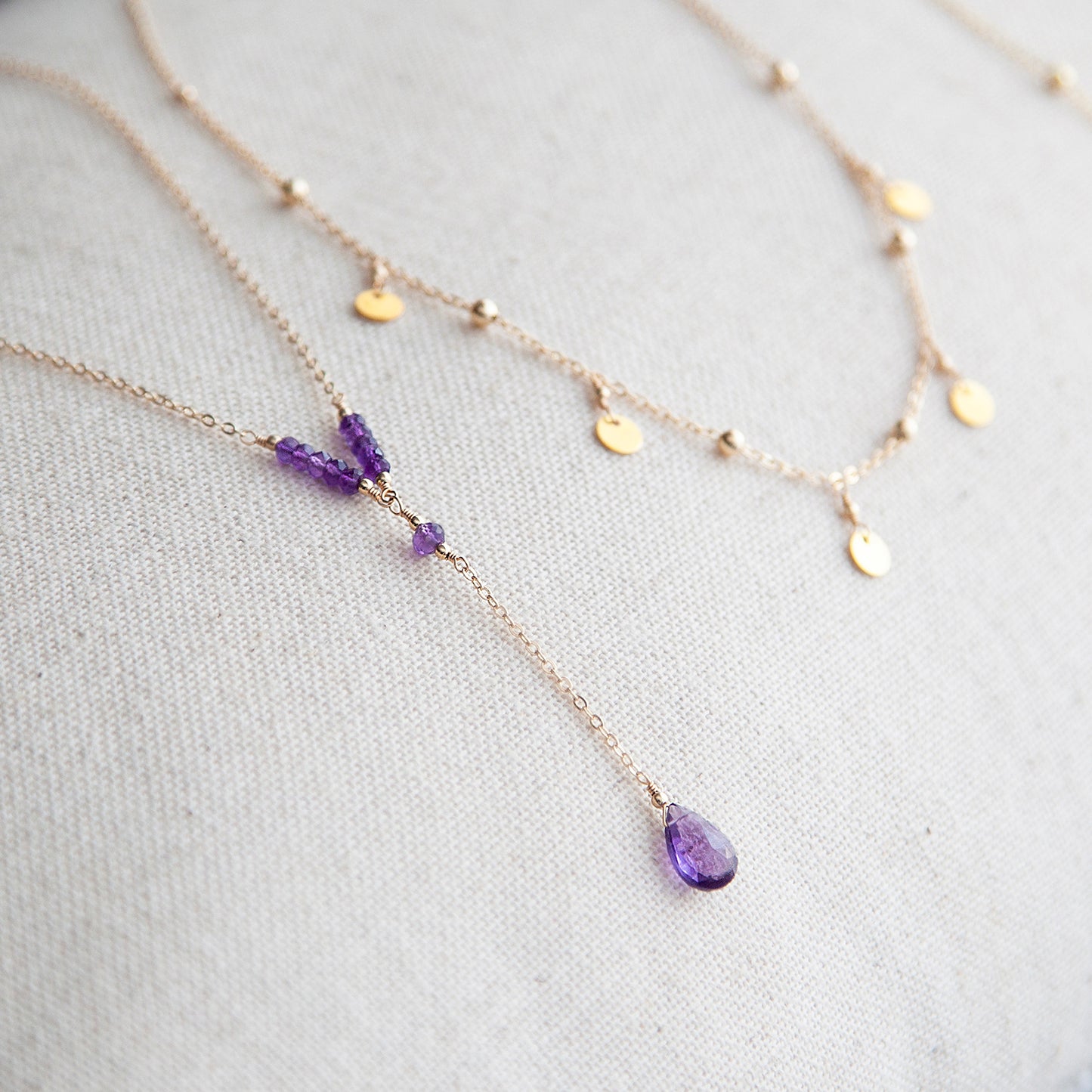 Amethyst Lariat Necklace with Teardrop Pendant