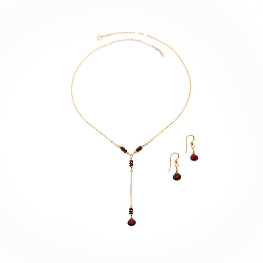 Garnet Lariat Necklace with Teardrop Pendant and Earrings Set