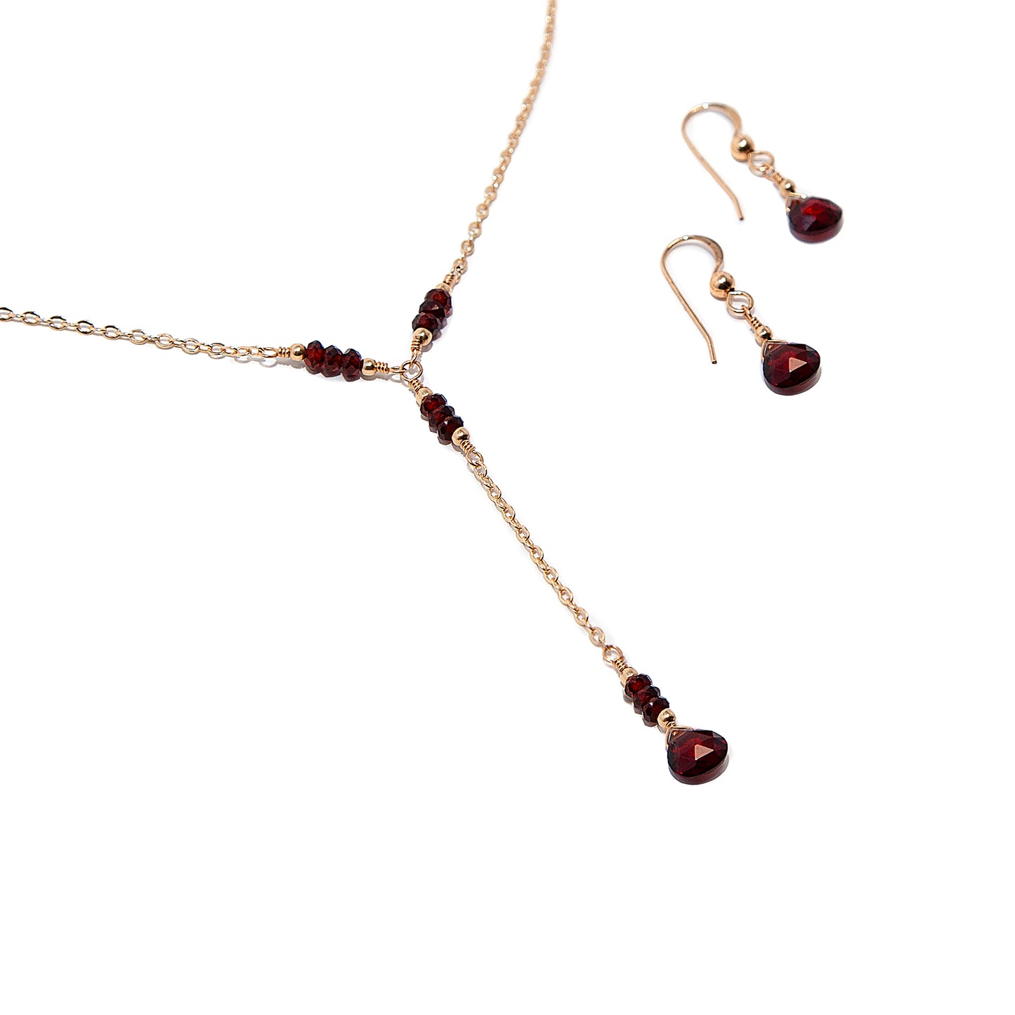 Garnet Lariat Necklace with Teardrop Pendant and Earrings Set