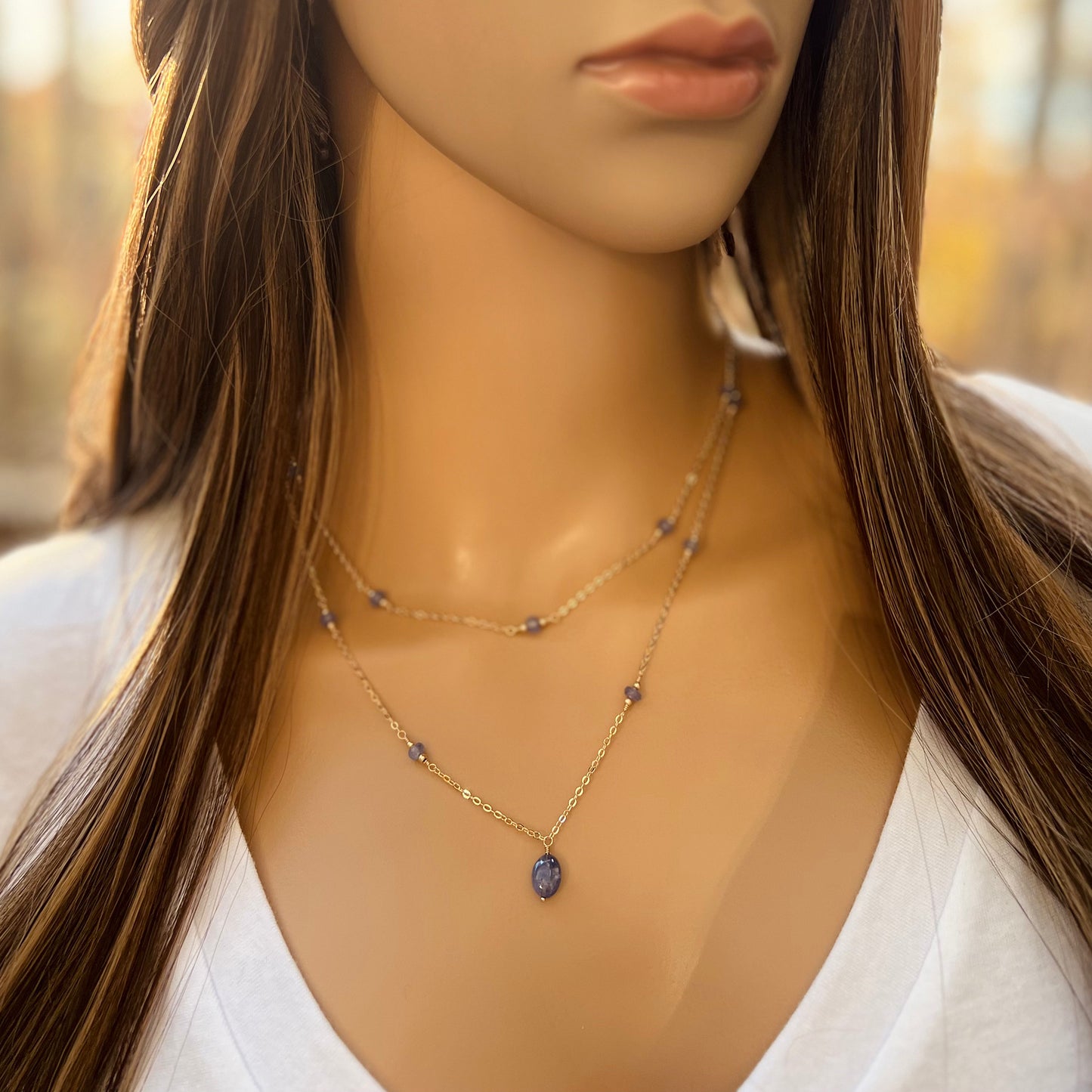 Tanzanite Station Necklace with Oval Tanzanite Pendant