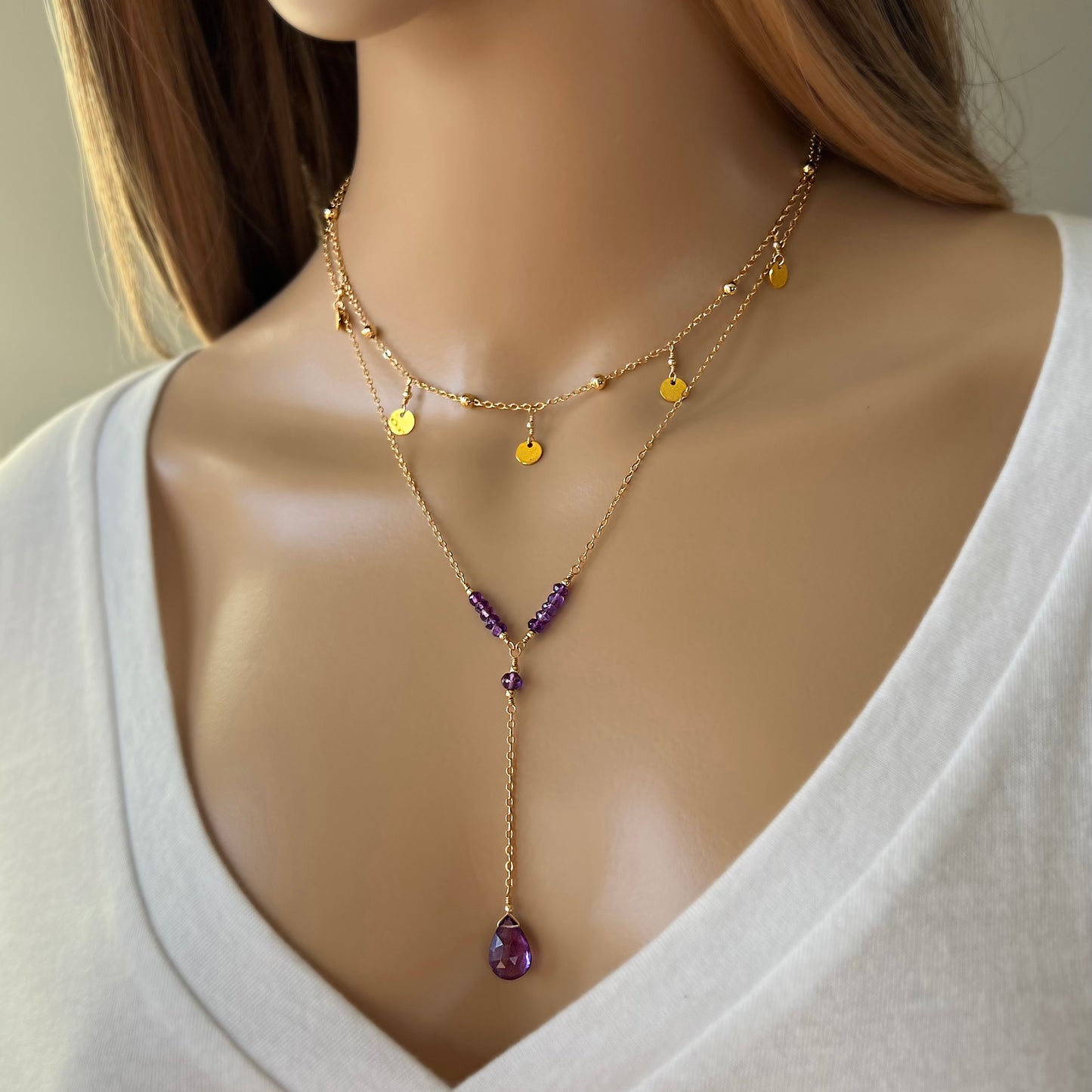 Amethyst Lariat Necklace with Teardrop Pendant